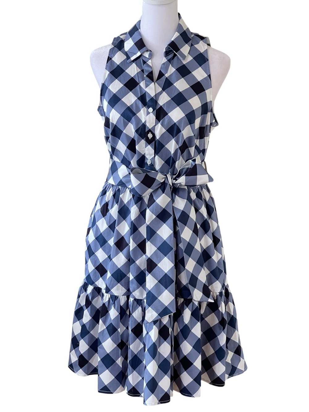 Tommy Hilfiger Navy Blue White Check Shirt Dress Sz 4 Sleeveless Pockets Tie NWT